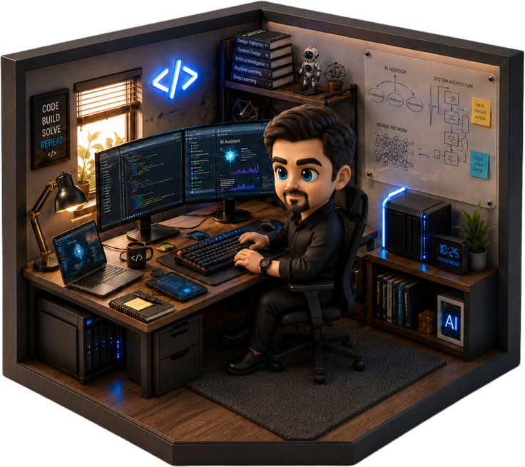 Stylized 3D illustration of Gültekin Yaman at his developer workstation, with dual monitors, a mechanical keyboard and an AI whiteboard